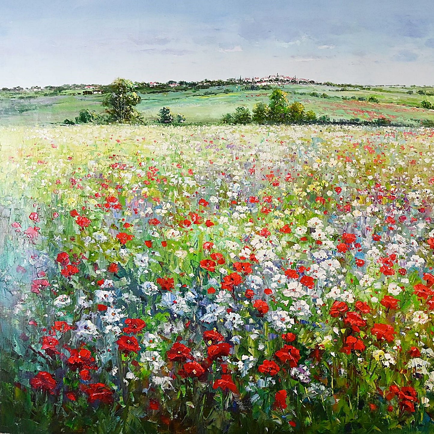 Red Poppy Field Landscape, Oil on Canvas, Korean Fine Art, Signed by J Morgan, Korean Art Collections, Memorable Gift, Great Wall Art