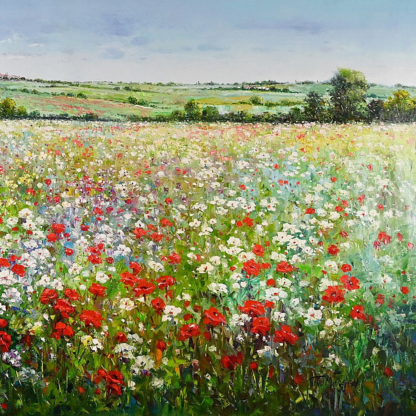 Red Poppy Field Landscape, Oil on Canvas, Korean Fine Art, Signed by J Morgan, Korean Art Collections, Memorable Gift, Great Wall Art