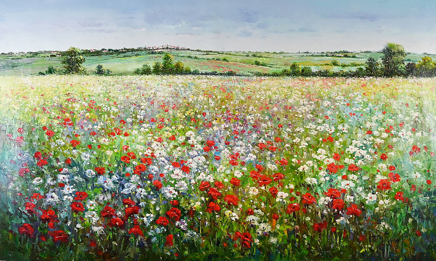 Red Poppy Field Landscape, Oil on Canvas, Korean Fine Art, Signed by J Morgan, Korean Art Collections, Memorable Gift, Great Wall Art