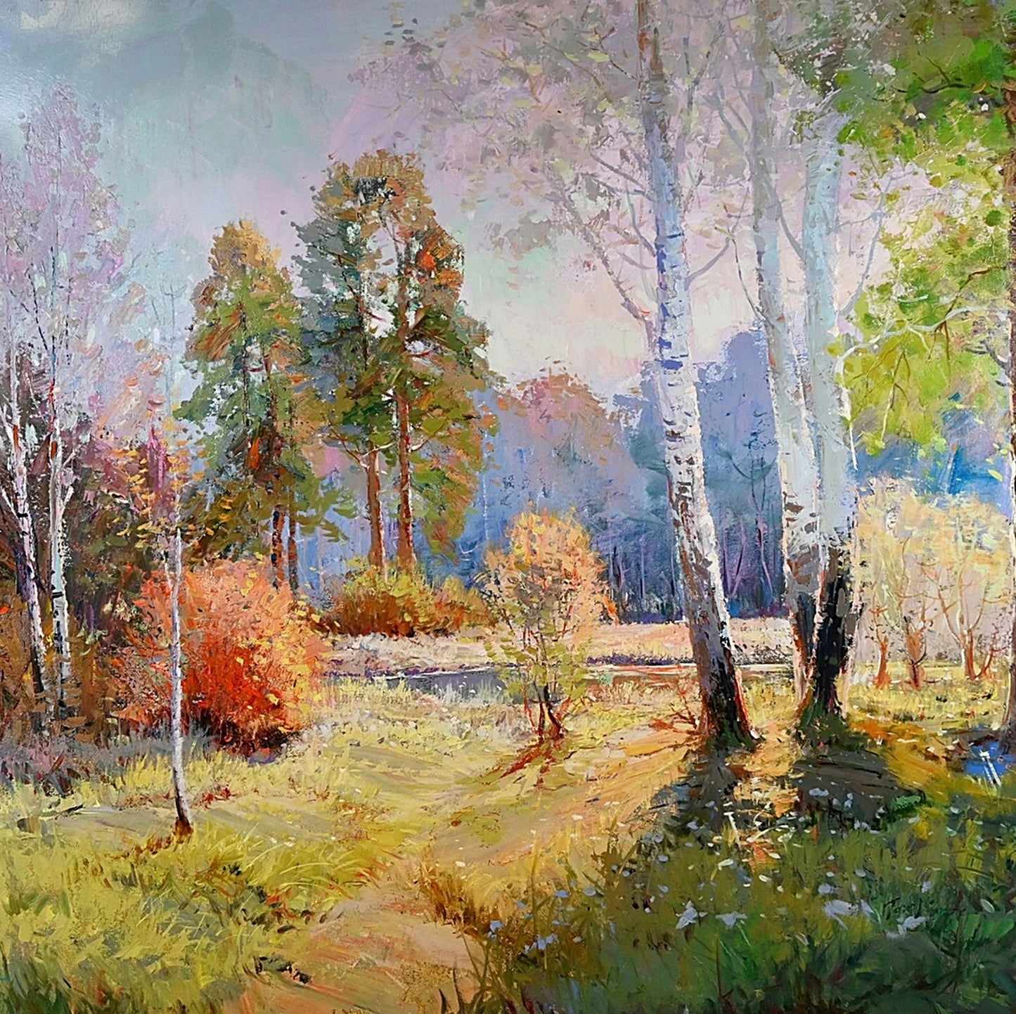 Fine Art Oil on Canvas, Stunning Autumn Landscape, Backlit Afternoon Scene, Signed by Tom Dinte Original Painting on Canvas 48 x 60 inches