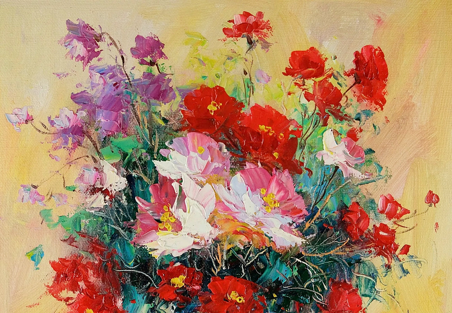 Framed Canvas Oil Painting, Beautiful Flower, and Elegant Vase, Signed by E Colton