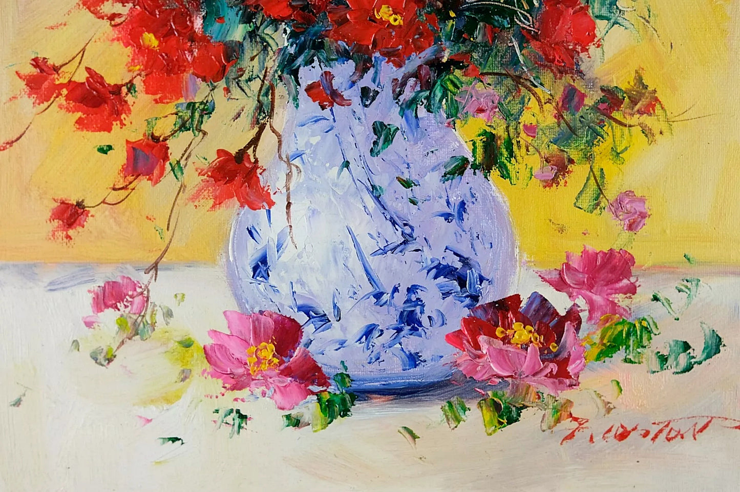 Framed Canvas Oil Painting, Beautiful Flower, and Elegant Vase, Signed by E Colton