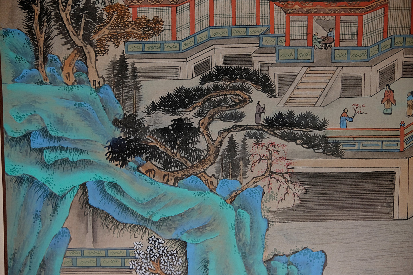 Vintage Oriental Painting, Asian Watercolor on Silk Paper, Vintage Chinese Painting, Blue Mountain Landscape