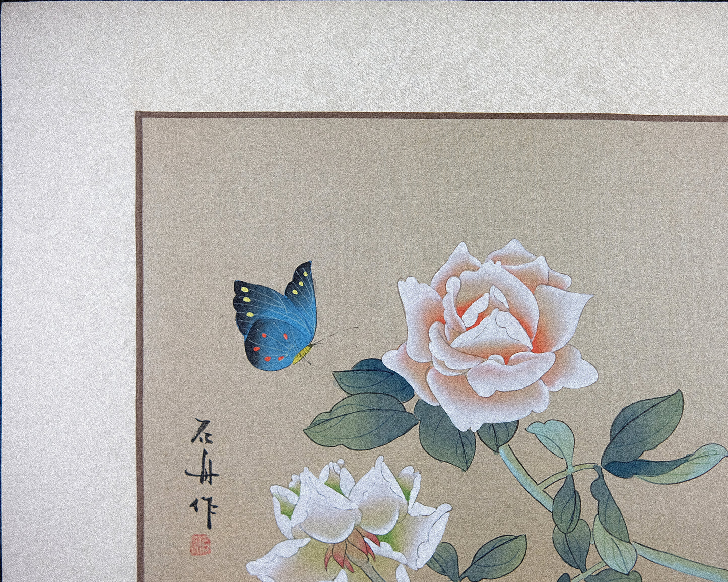 Vintage Asian Art Watercolor, Vintage Oriental Painting on Silk Paper, Blue Butterfly and Rose