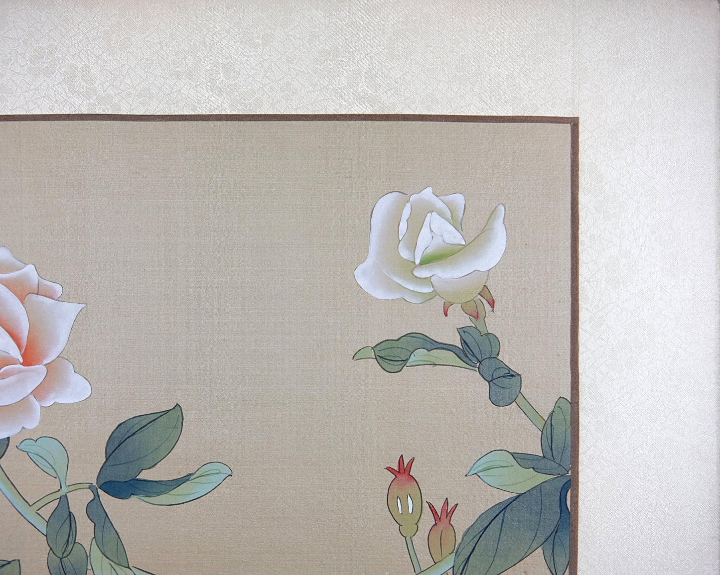 Vintage Asian Art Watercolor, Vintage Oriental Painting on Silk Paper, Blue Butterfly and Rose