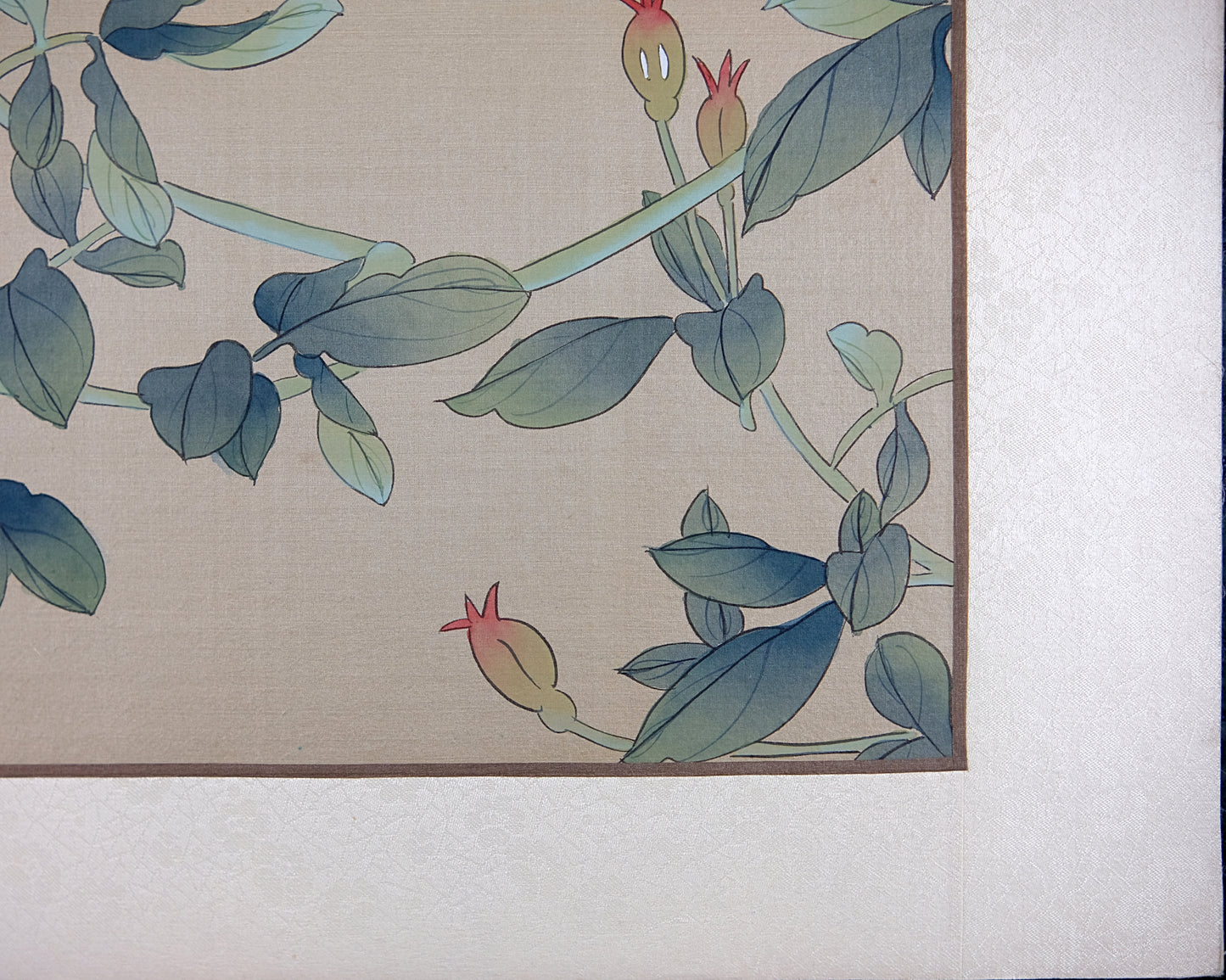Vintage Asian Art Watercolor, Vintage Oriental Painting on Silk Paper, Blue Butterfly and Rose
