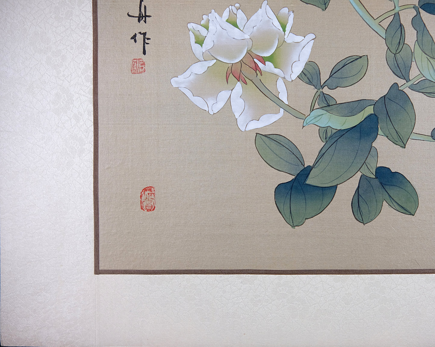 Vintage Asian Art Watercolor, Vintage Oriental Painting on Silk Paper, Blue Butterfly and Rose