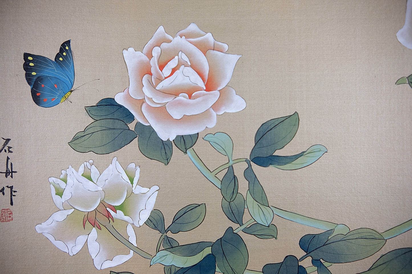 Vintage Asian Art Watercolor, Vintage Oriental Painting on Silk Paper, Blue Butterfly and Rose