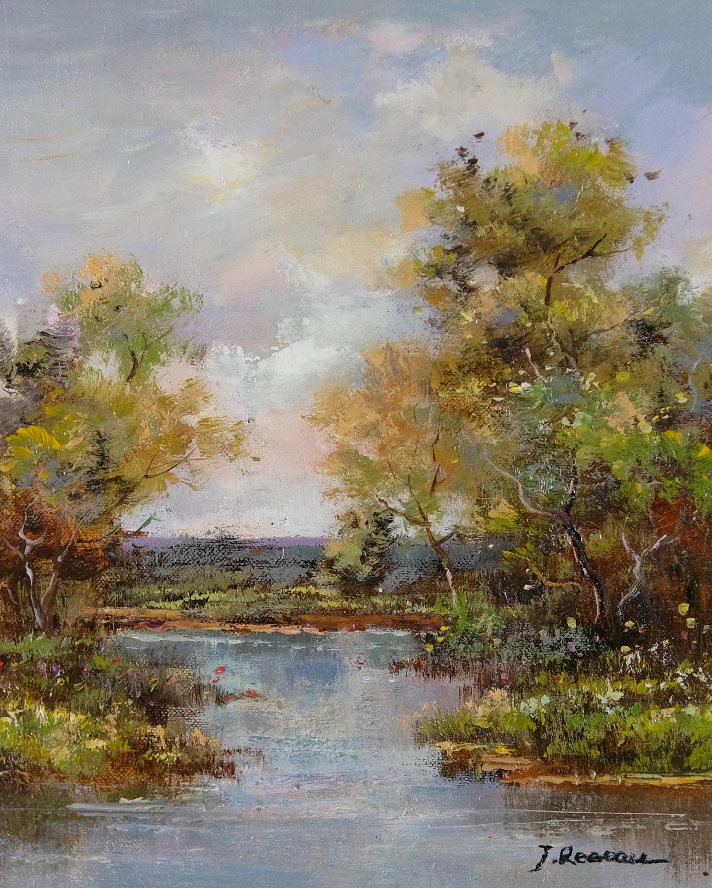 Gold Framed Summer Lake Landscape Oil Painting, Impressionist, Signed by J Reneau, Memorable Gift, Elegant Wall Art