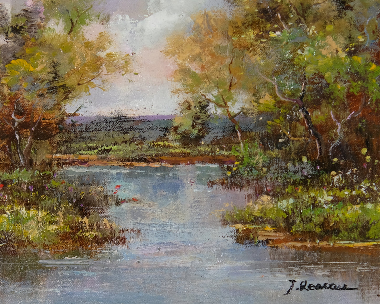 Gold Framed Summer Lake Landscape Oil Painting, Impressionist, Signed by J Reneau, Memorable Gift, Elegant Wall Art