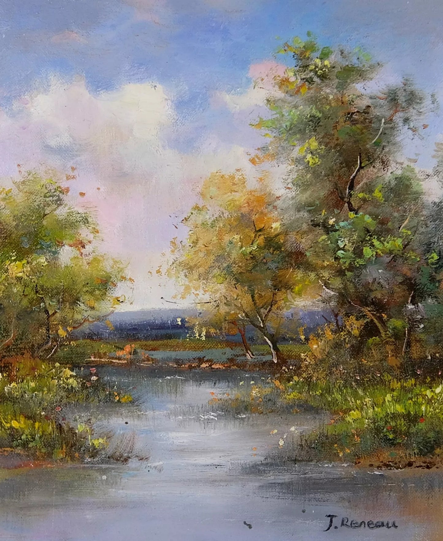 Gold Framed Oil Painting, River View Summer Landscape, French Scenery, Signed J Reneau