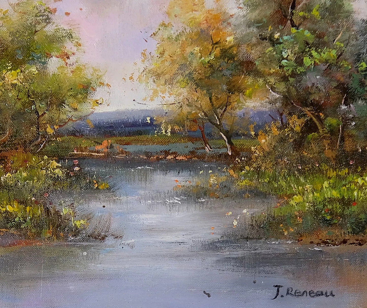 Gold Framed Oil Painting, River View Summer Landscape, French Scenery, Signed J Reneau