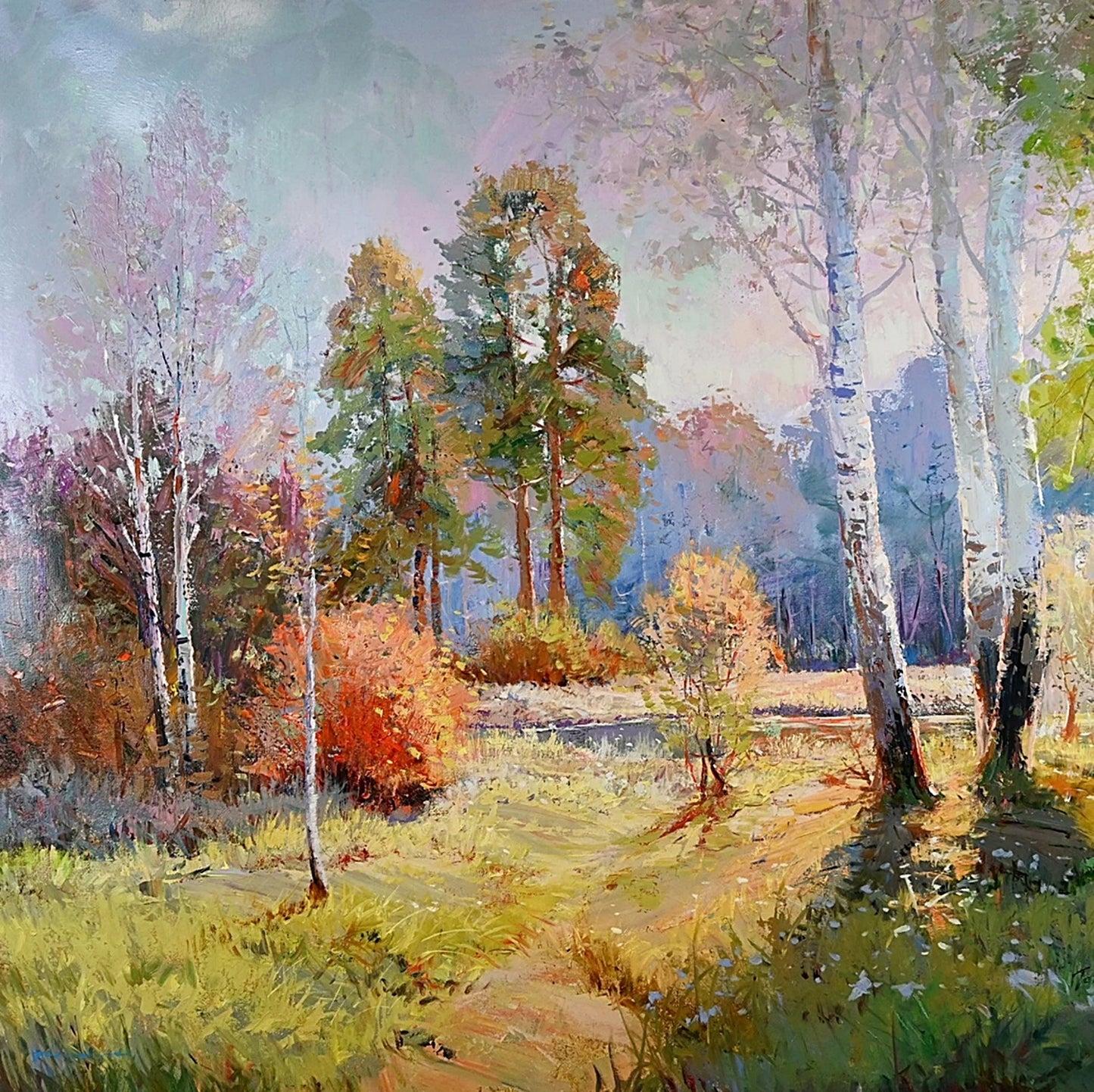 Fine Art Oil on Canvas, Stunning Autumn Landscape, Backlit Afternoon Scene, Signed by Tom Dinte Original Painting on Canvas 48 x 60 inches