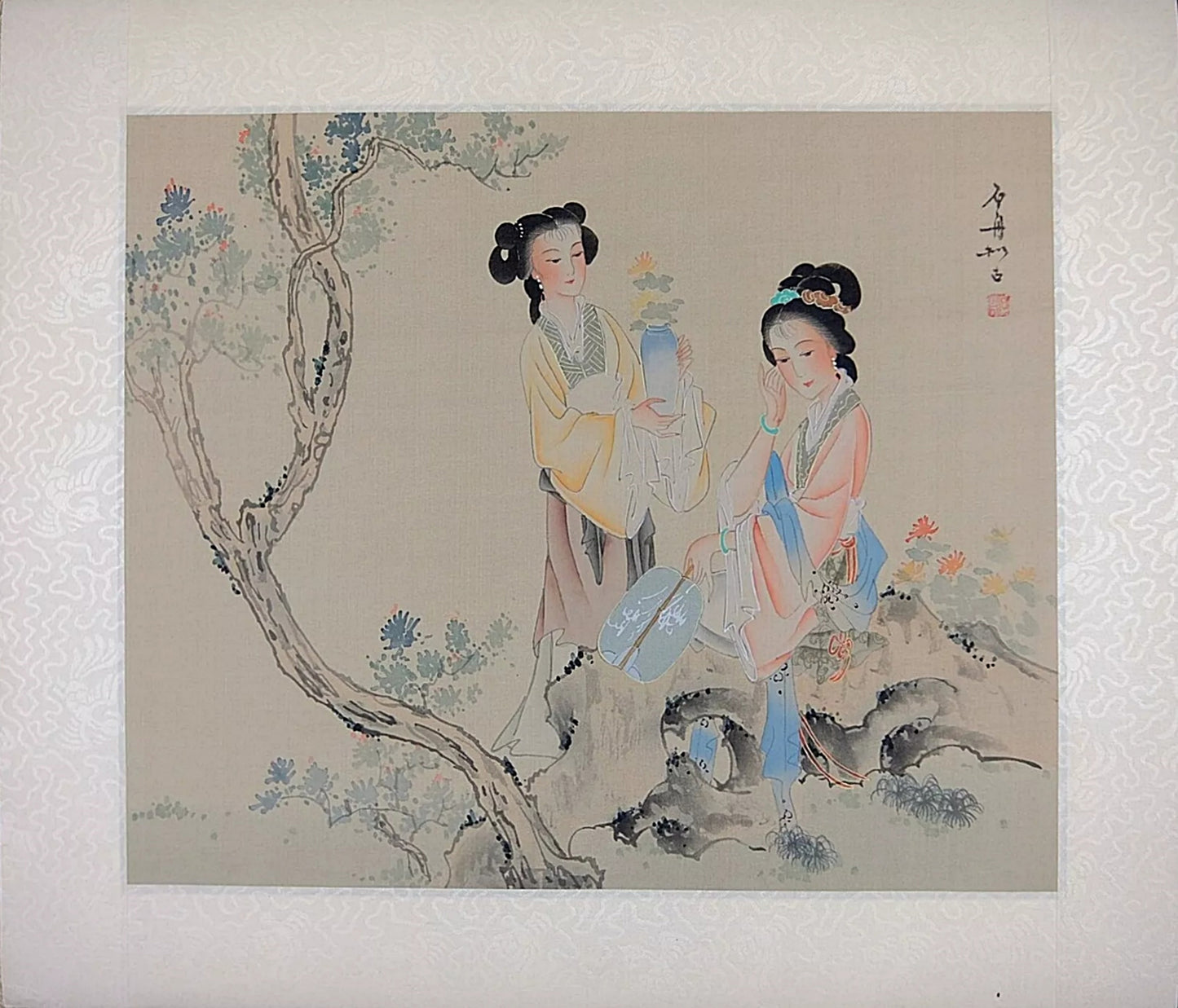 A Set of Oriental Painting, Asian Watercolor on Silk Paper, Old Chinese Noble Lady