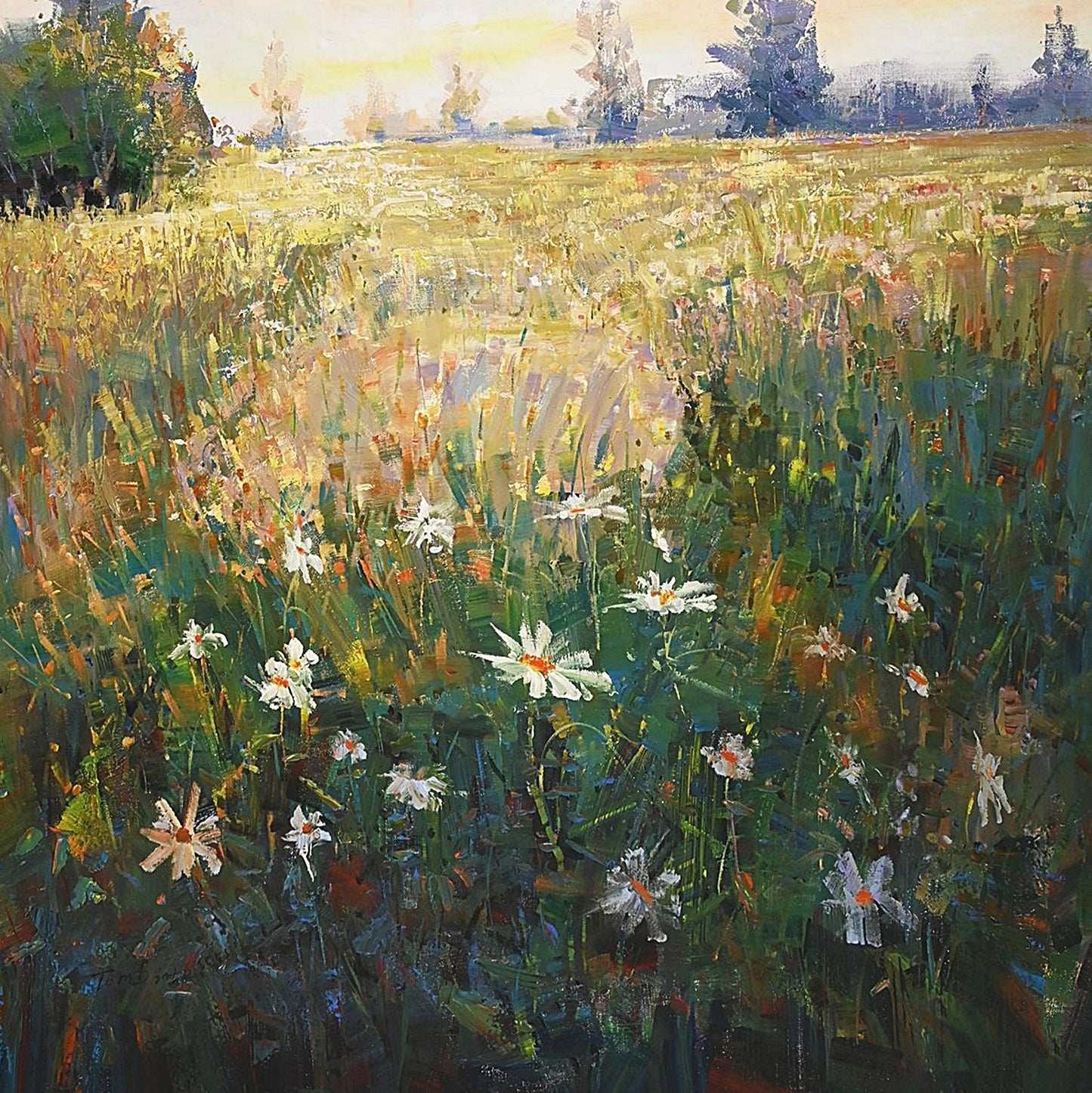Fine Art Oil on Canvas, Morning Field Landscape, Signed by Tom Dinte Original Oil Painting on Canvas 60 x 48 inches
