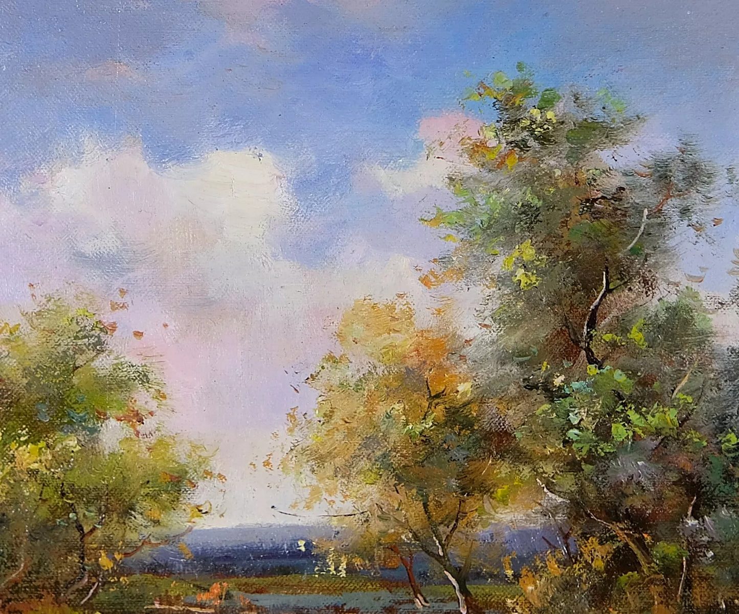 Gold Framed Oil Painting, River View Summer Landscape, French Scenery, Signed J Reneau