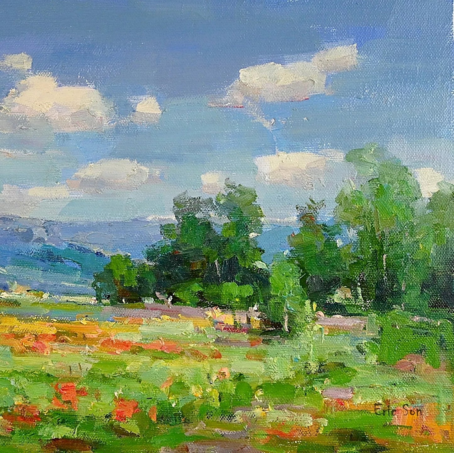 Gold Wood Framed Oil Painting, Summer Field Landscape, Signed by Eric Son, Gift