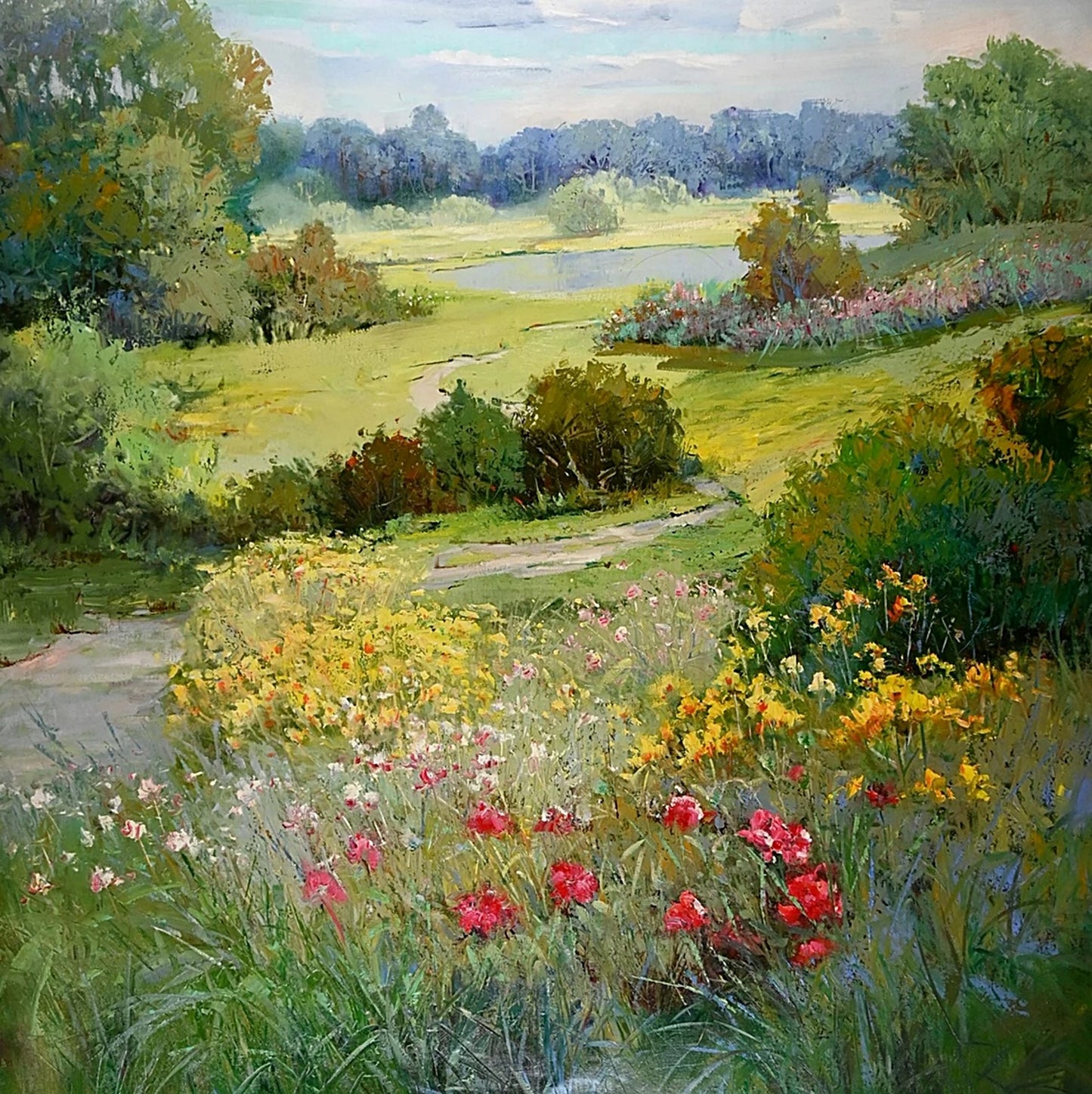 Fine Art Oil on Canvas, Gorgeous Summer Landscape, Signed by Tom Dinte Original Oil Painting on Canvas 60 x 48 inches