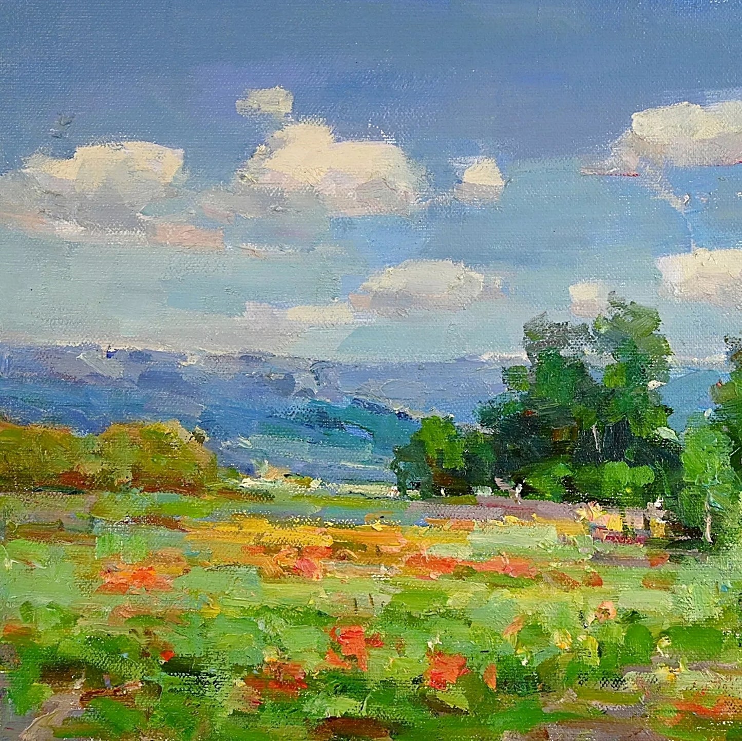 Gold Wood Framed Oil Painting, Summer Field Landscape, Signed by Eric Son, Gift