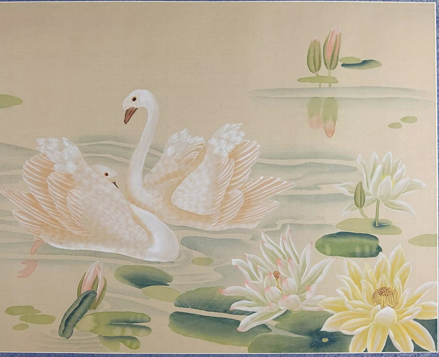 Vintage Chinese Traditional Painting, Water Color on Silk, Swan Lotus Pond Scene