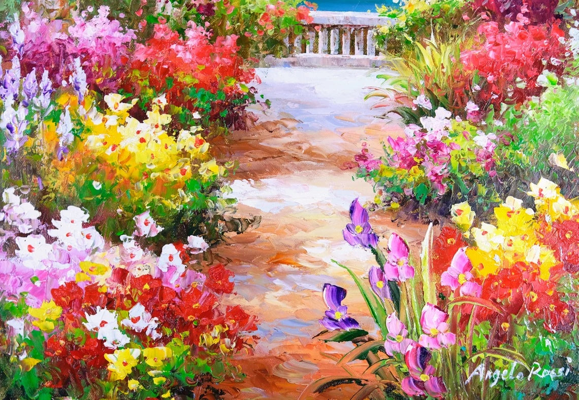 Oil Painting with French Gold Frame, Signed A Rossi, Wall Art, Beautiful Mediterranean Garden Road, Hand Painted, Memorable Gift