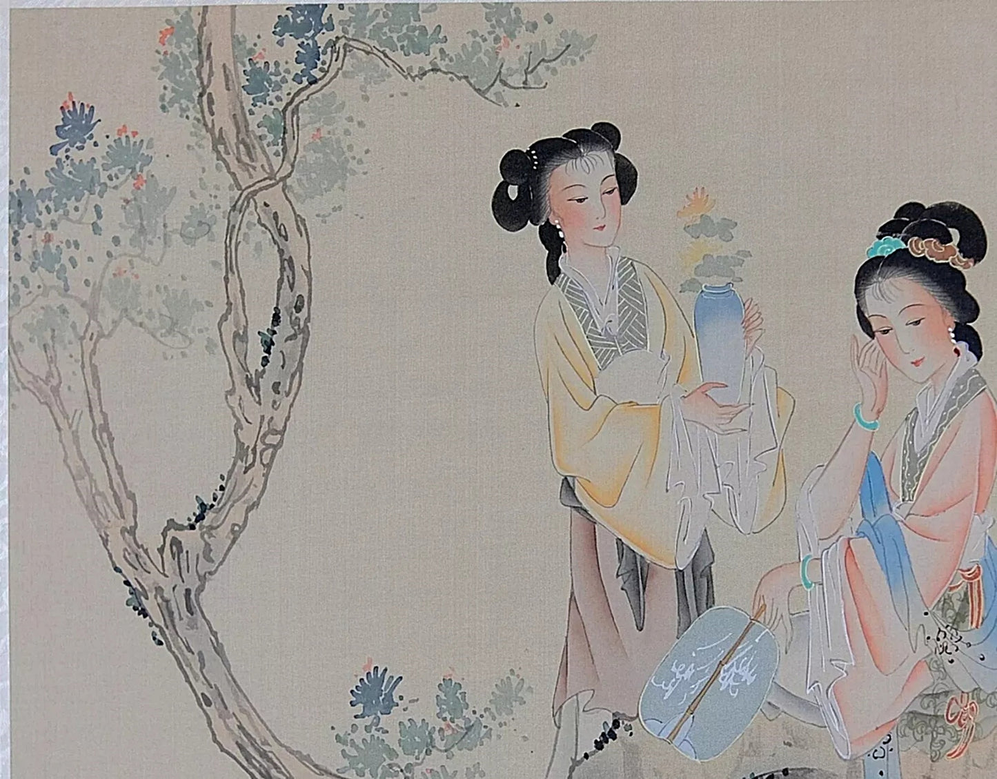 A Set of Oriental Painting, Asian Watercolor on Silk Paper, Old Chinese Noble Lady