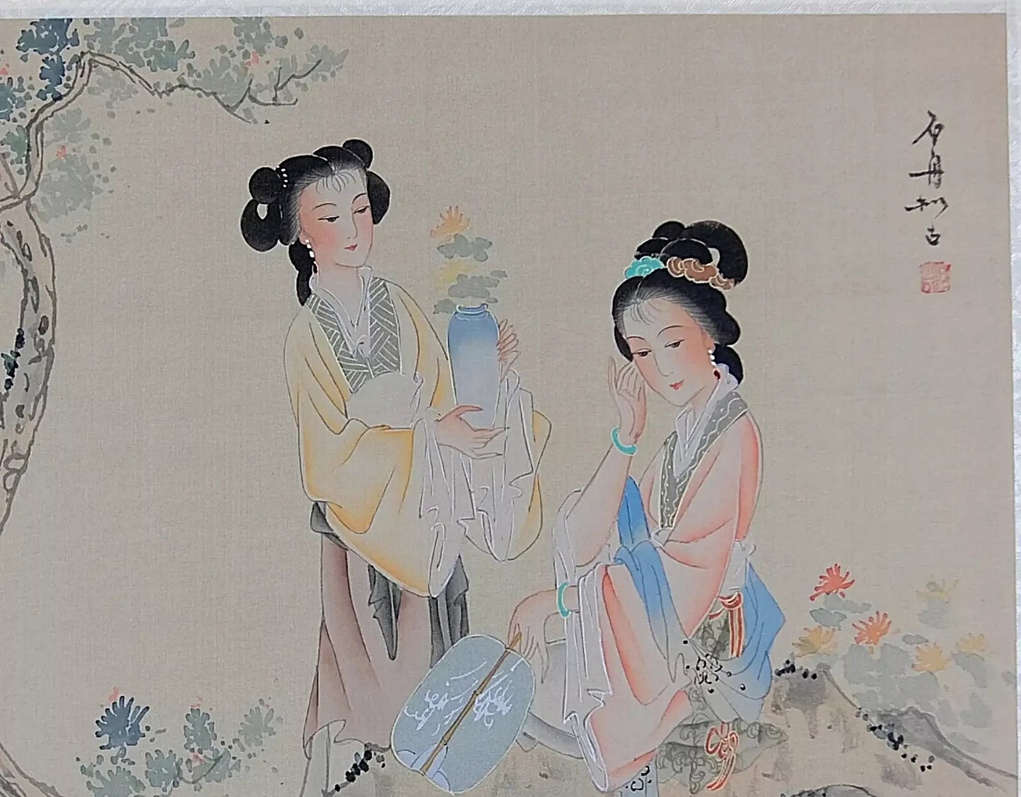 A Set of Oriental Painting, Asian Watercolor on Silk Paper, Old Chinese Noble Lady