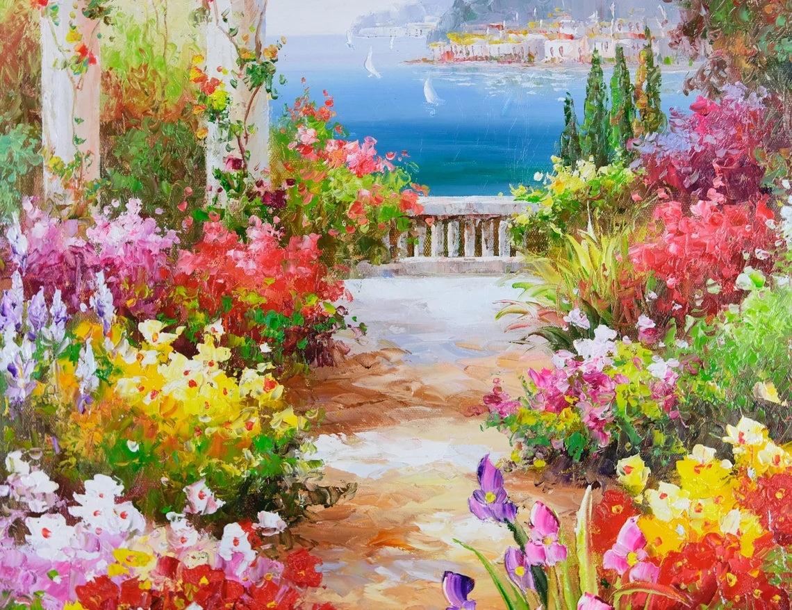 Oil Painting with French Gold Frame, Signed A Rossi, Wall Art, Beautiful Mediterranean Garden Road, Hand Painted, Memorable Gift
