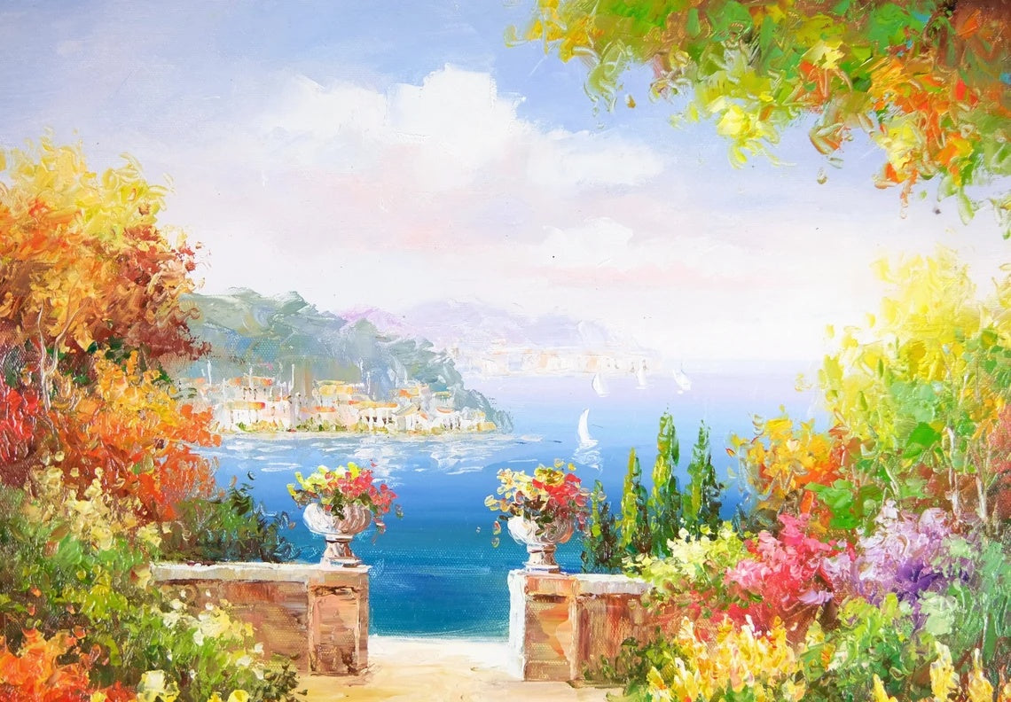 Luxury Gold Framed, Signed by A Rossi, Ready to Hang, Elegant Mediterranean Scenery Landscape, Original Oil On Canvas, 28 x 32 inches