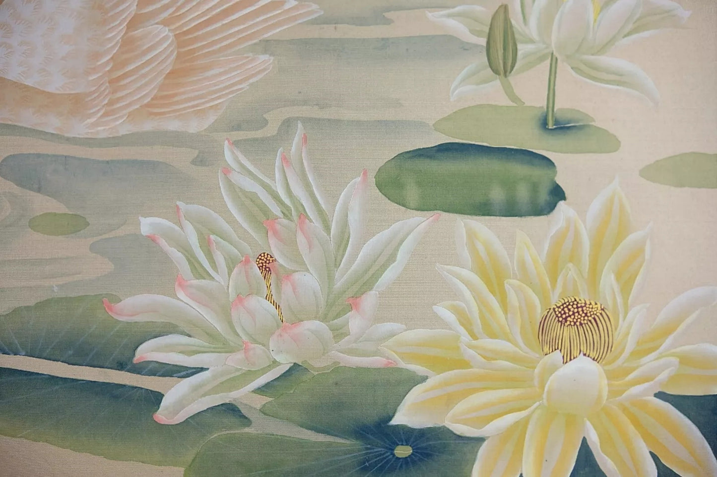 Vintage Chinese Traditional Painting, Water Color on Silk, Swan Lotus Pond Scene