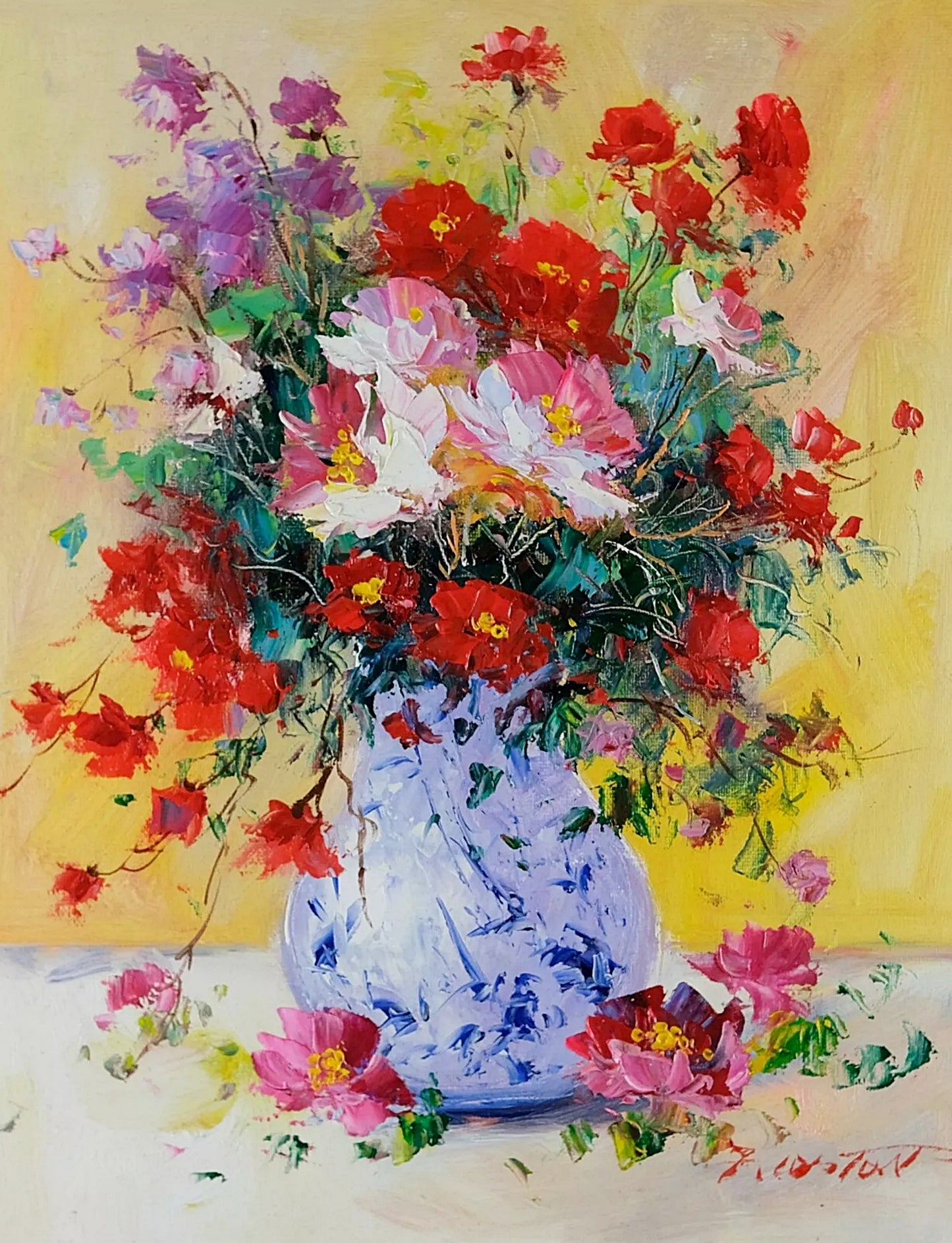 Framed Canvas Oil Painting, Beautiful Flower, and Elegant Vase, Signed by E Colton