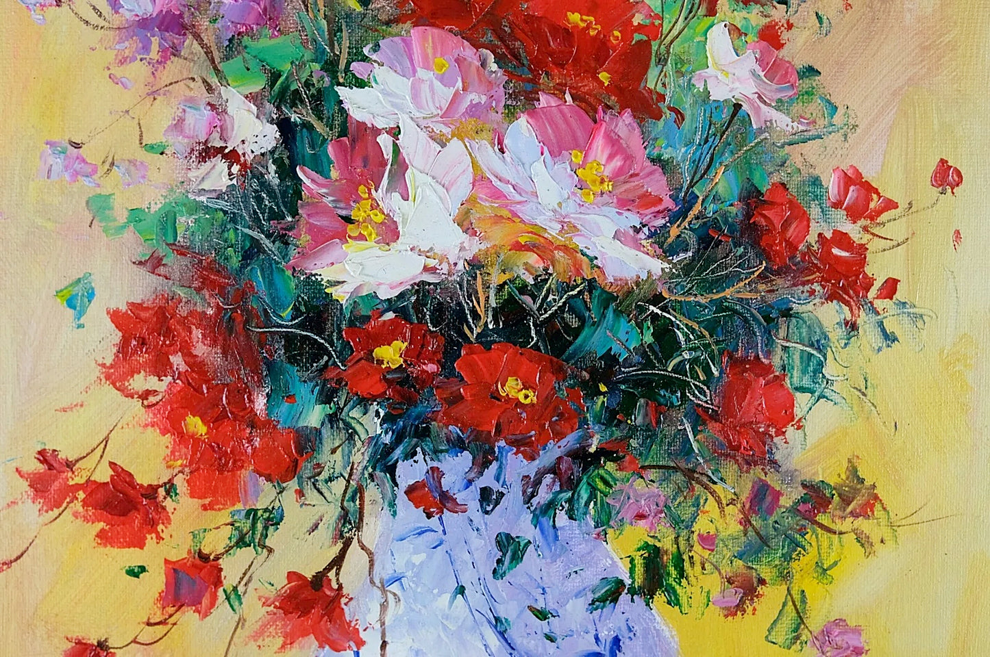 Framed Canvas Oil Painting, Beautiful Flower, and Elegant Vase, Signed by E Colton