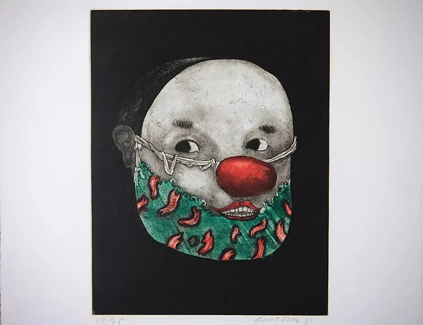 Vintage Etching Aquatint Print, Signed by Saint Clair Cemin, 1980s, Clown Mask