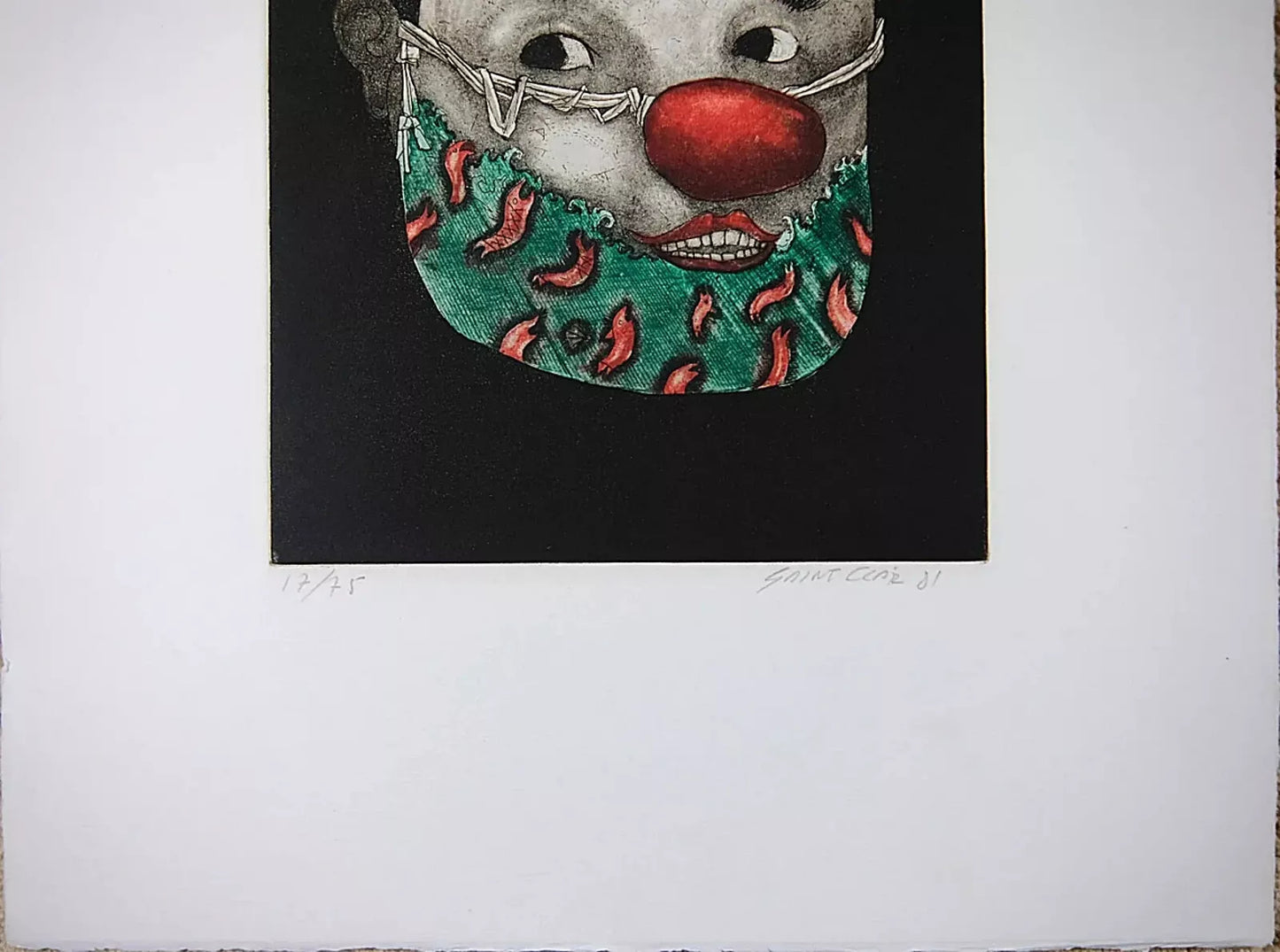 Vintage Etching Aquatint Print, Signed by Saint Clair Cemin, 1980s, Clown Mask