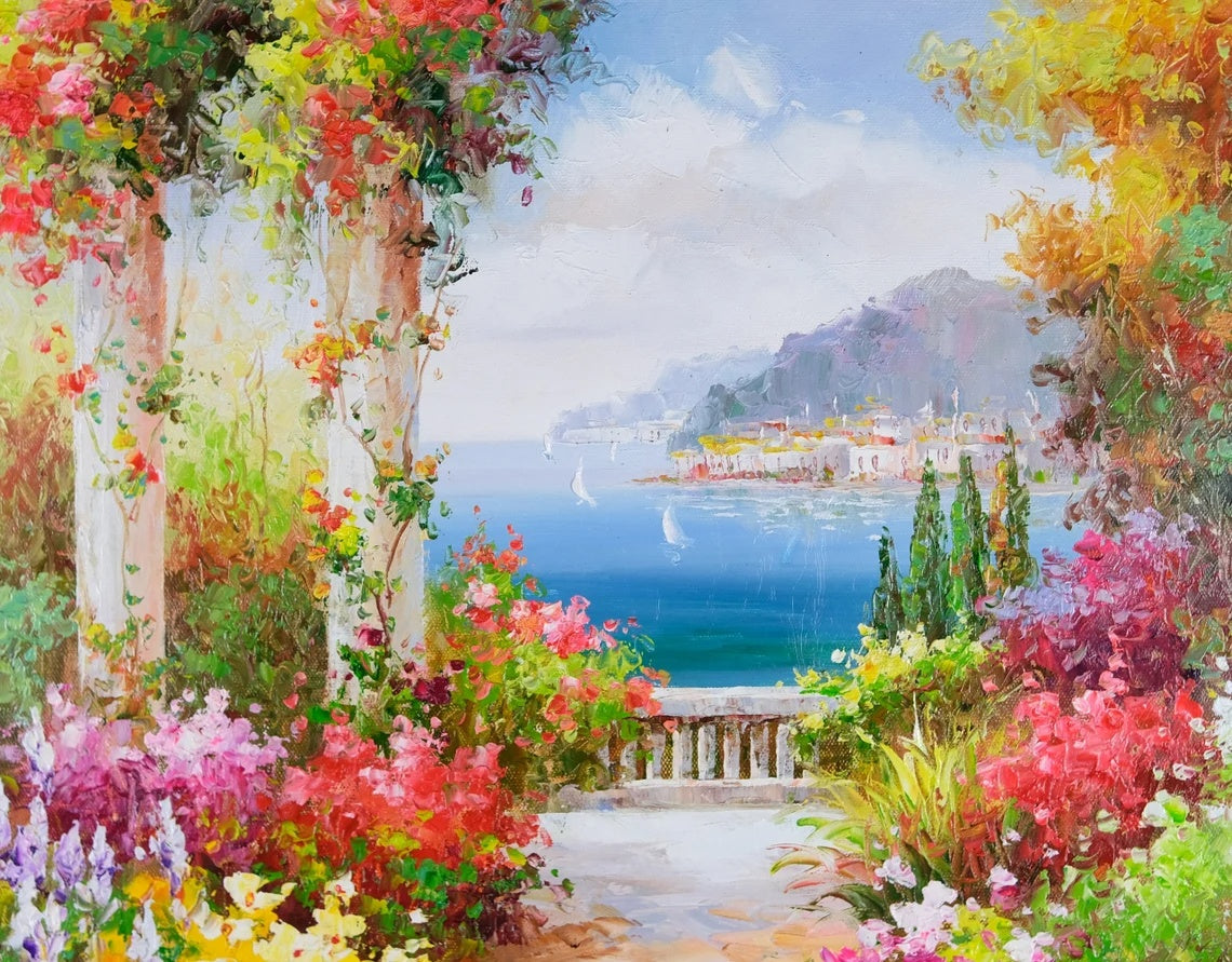 Oil Painting with French Gold Frame, Signed A Rossi, Wall Art, Beautiful Mediterranean Garden Road, Hand Painted, Memorable Gift