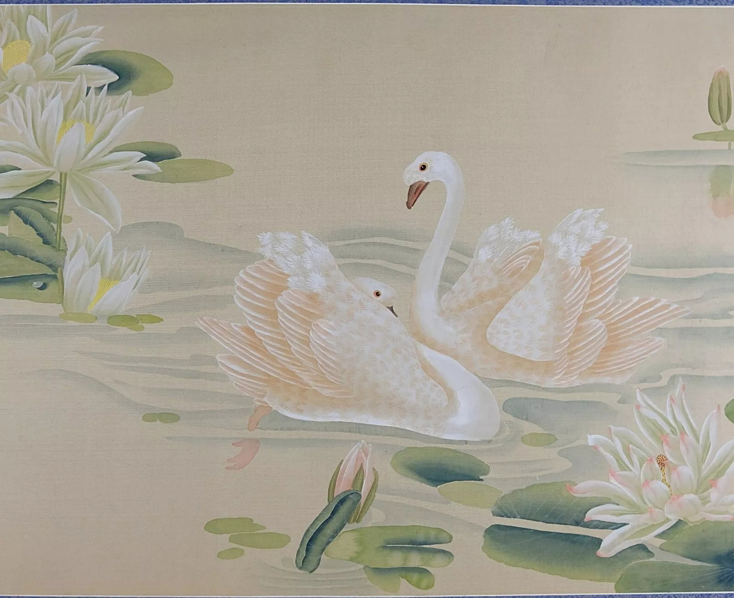 Vintage Chinese Traditional Painting, Water Color on Silk, Swan Lotus Pond Scene