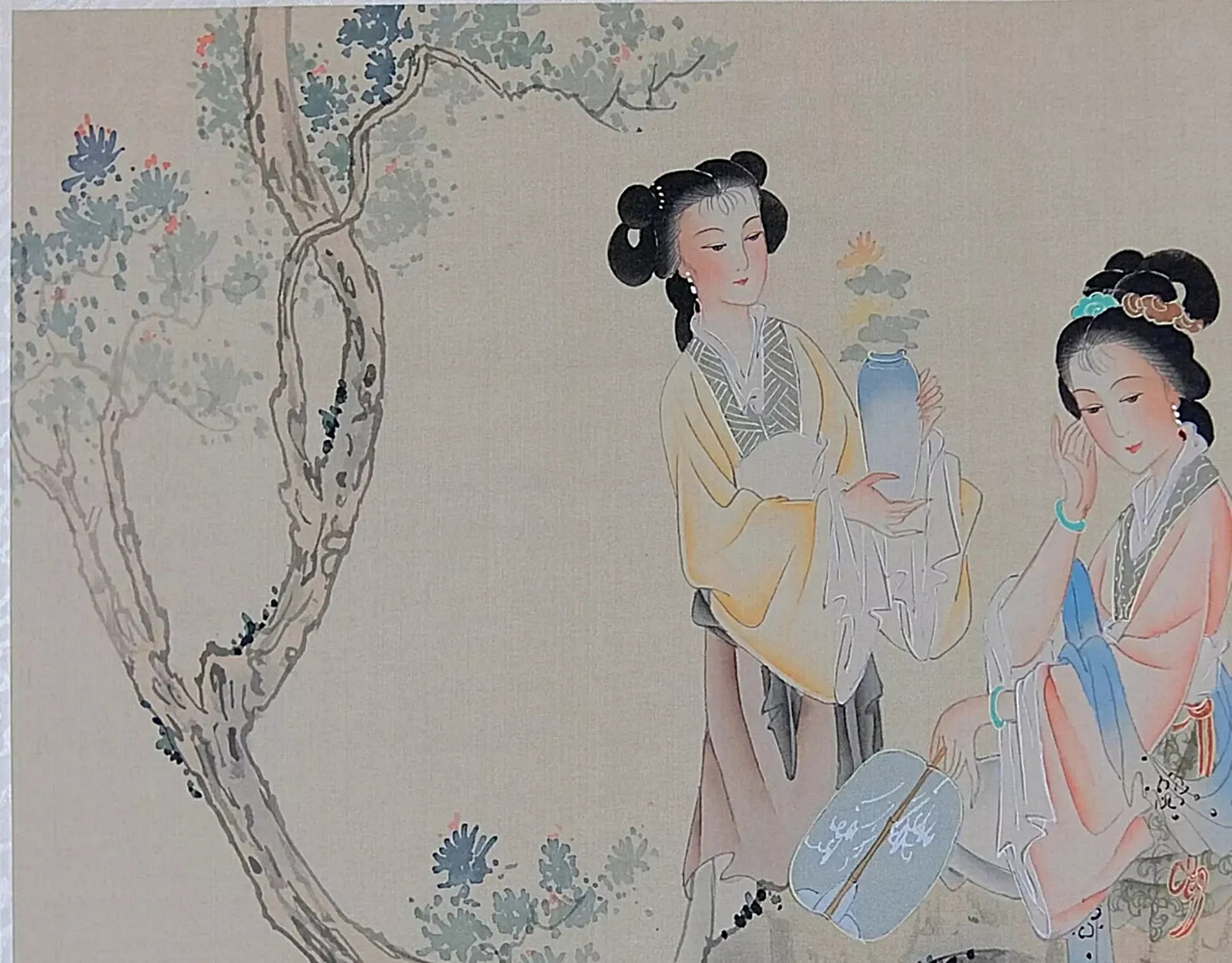 A Set of Oriental Painting, Asian Watercolor on Silk Paper, Old Chinese Noble Lady