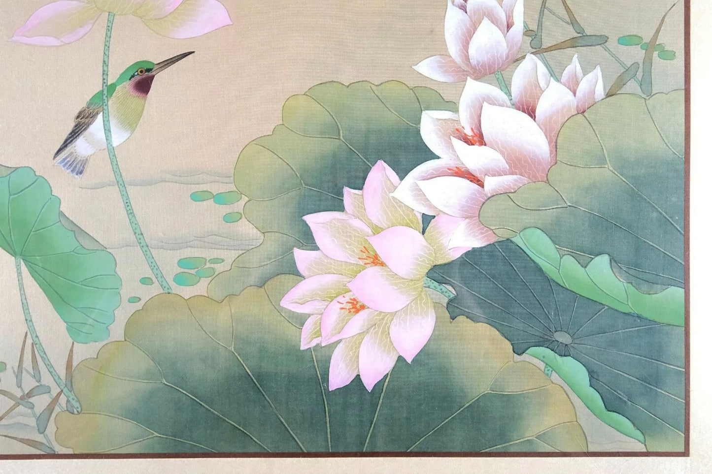 Vintage Asian Art Watercolor, Traditional Chinese Art, VTG Oriental Painting on Silk Paper, Kingfisher on Lotus
