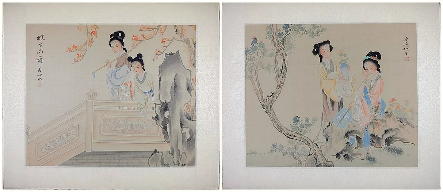 A Set of Oriental Painting, Asian Watercolor on Silk Paper, Old Chinese Noble Lady