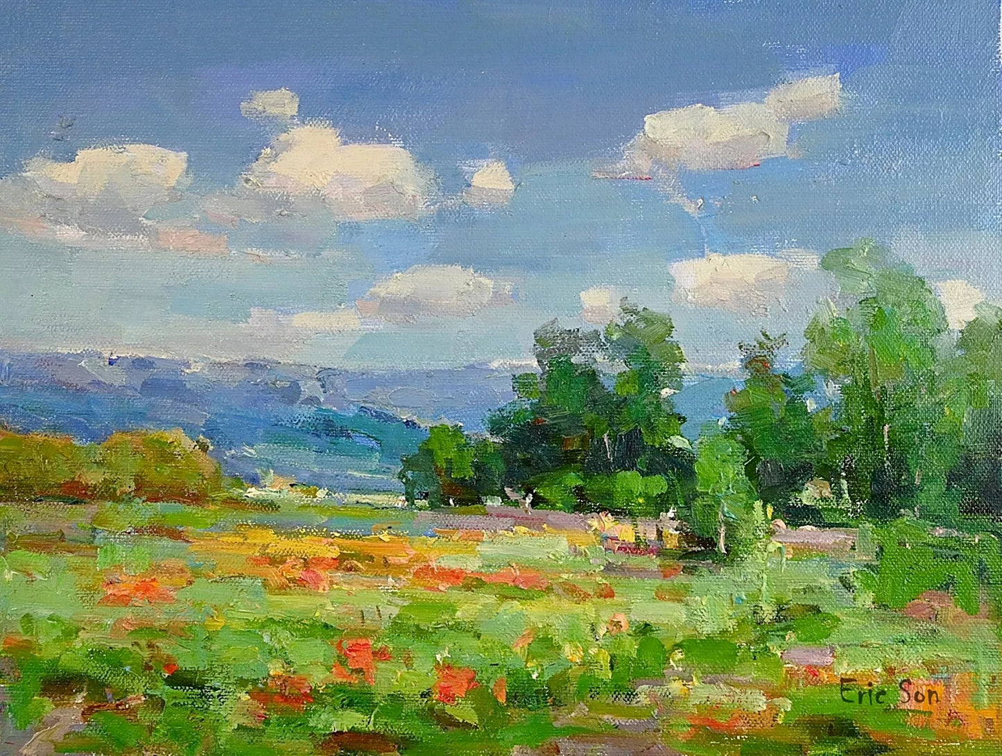 Gold Wood Framed Oil Painting, Summer Field Landscape, Signed by Eric Son, Gift