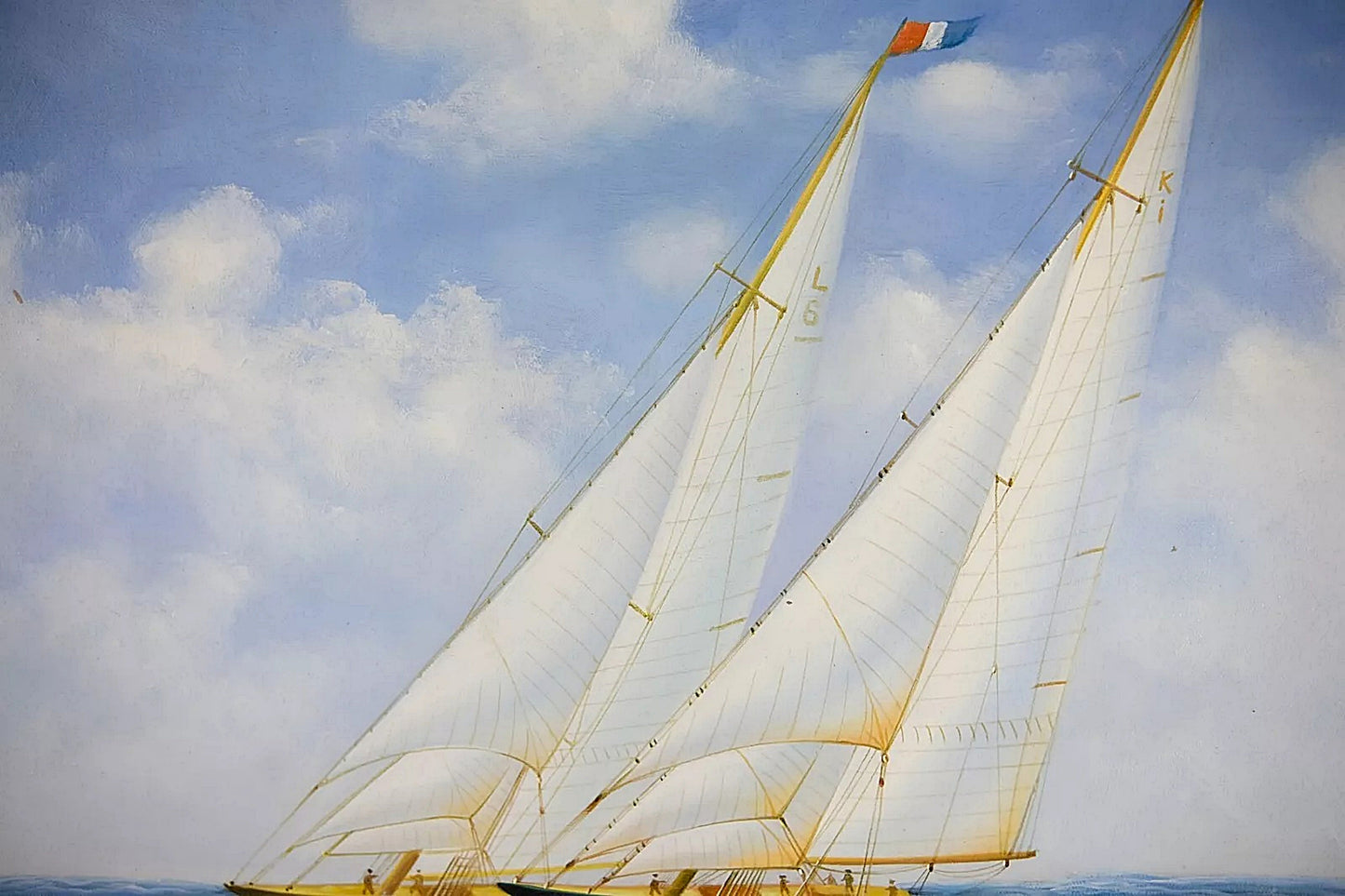 Luxury Black Framed Oil Painting on Canvas, Signed by David, Two Sailingboats Seascape