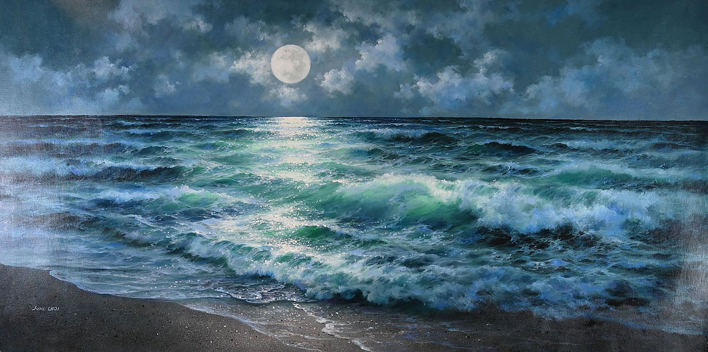 Fine Art Oil Painting on Canvas, Signed by June Choi, Well Known Korean Artist, Wave Beach under the Moonlight Scene, Un-stretched, 60" x 30"