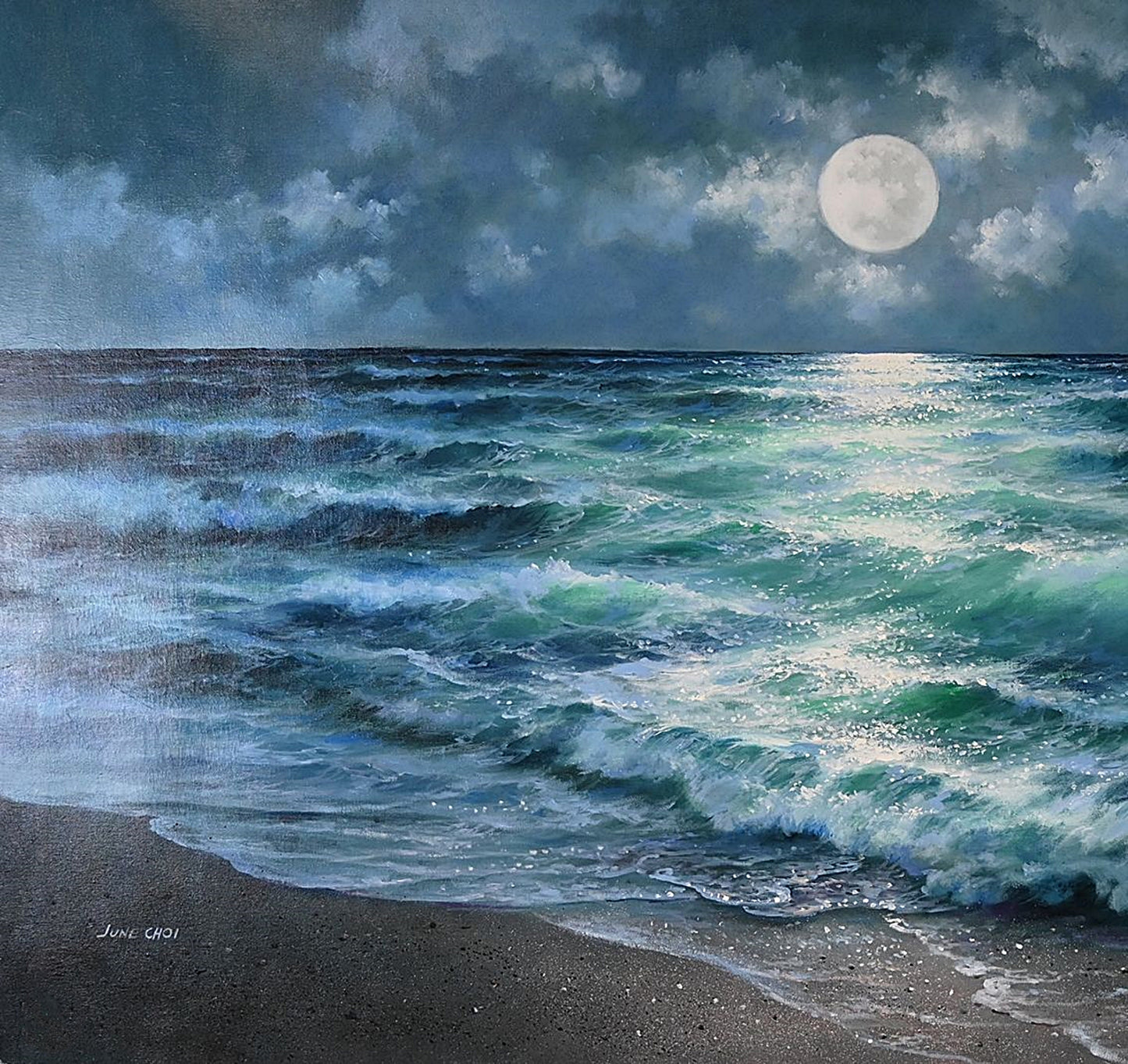 Fine Art Oil Painting on Canvas, Signed by June Choi, Well Known Korean Artist, Wave Beach under the Moonlight Scene, Un-stretched, 60" x 30"