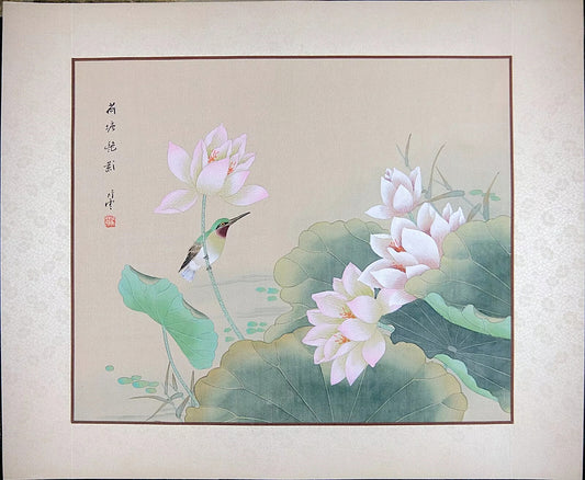 Vintage Asian Art Watercolor, Traditional Chinese Art, VTG Oriental Painting on Silk Paper, Kingfisher on Lotus