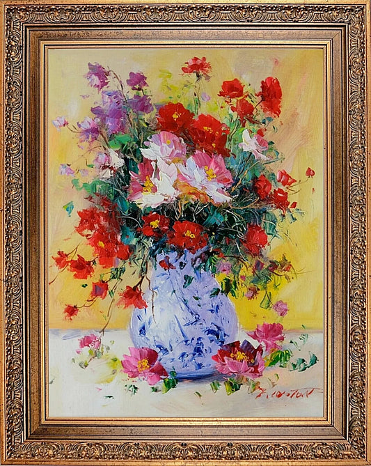 Framed Canvas Oil Painting, Beautiful Flower, and Elegant Vase, Signed by E Colton