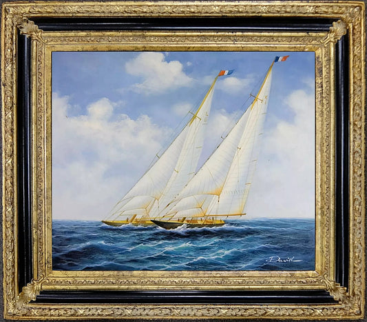 Luxury Black Framed Oil Painting on Canvas, Signed by David, Two Sailingboats Seascape