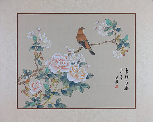 VTG Asian Watercolor on Silk Paper, Vintage Oriental Chinese Painting, Beautiful Bird and Flowers, Stamped and Signed