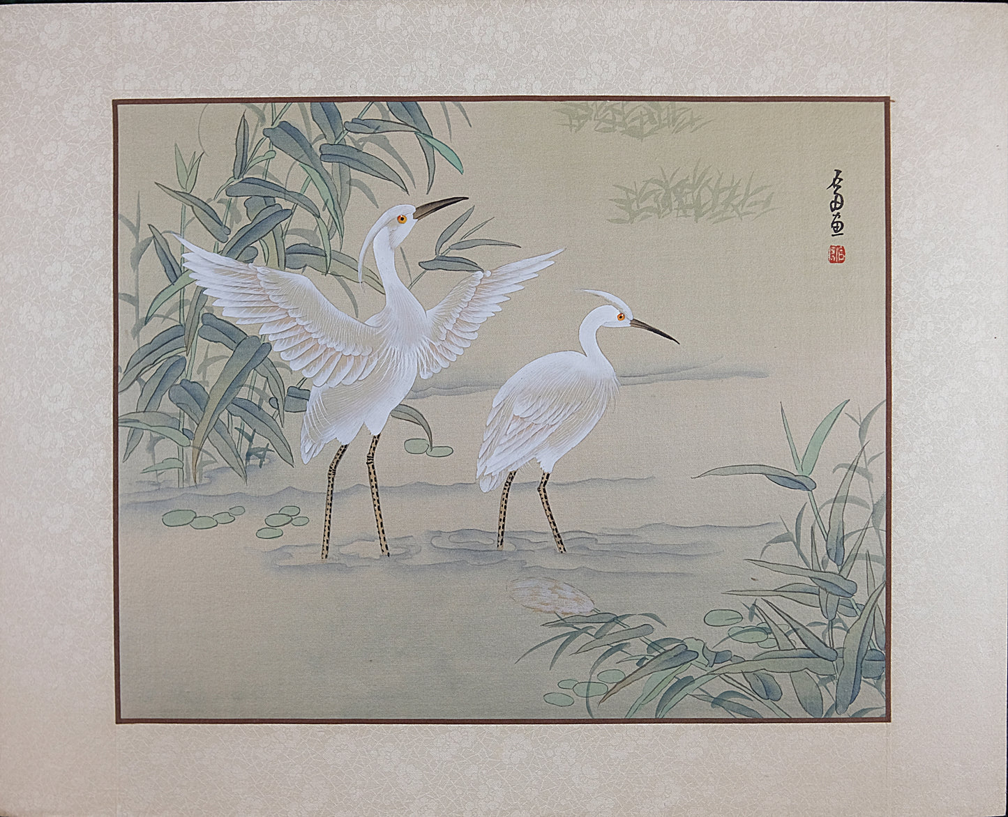 Vintage Oriental Watercolor, Chinese Painting on Silk Paper, Pair of Wild Crane