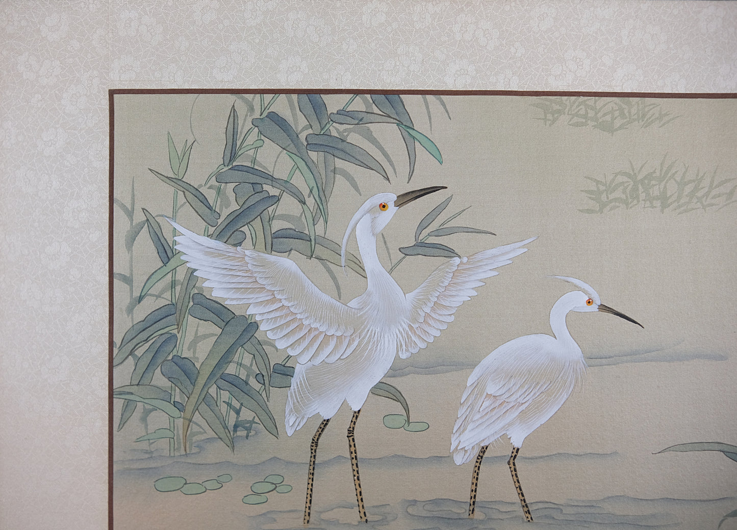 Vintage Oriental Watercolor, Chinese Painting on Silk Paper, Pair of Wild Crane