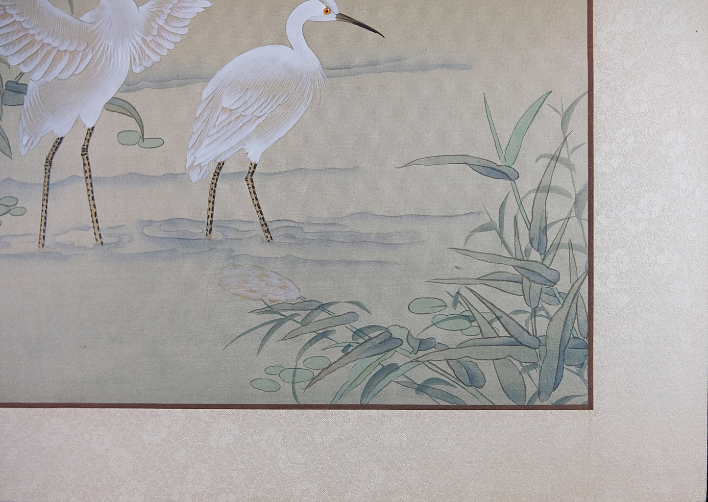 Vintage Oriental Watercolor, Chinese Painting on Silk Paper, Pair of Wild Crane